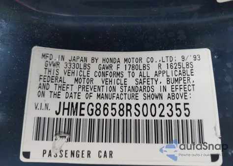 1994 Honda Civic Lx из США, поврежденный, VIN JHMEG8658RS002355